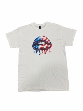 Womens White Graphic Tee with American Flag Drip Lips